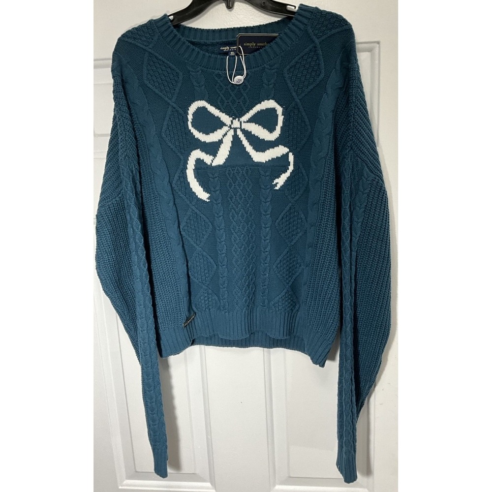 Simply Southern Teal/Blue Chunky Knit Sweater Bow/Ribbon Cotton Blend Women's XL